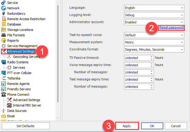 Advanced Settings password reset