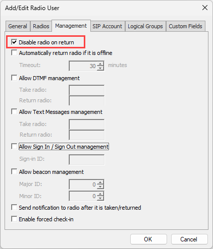 User creation dialog — Radios tab