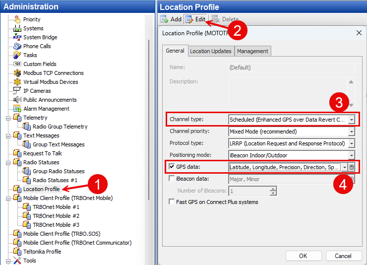 TRBOnet GPS Profile settings