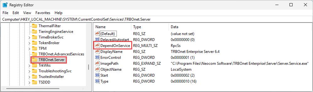 TRBOnet service registry key