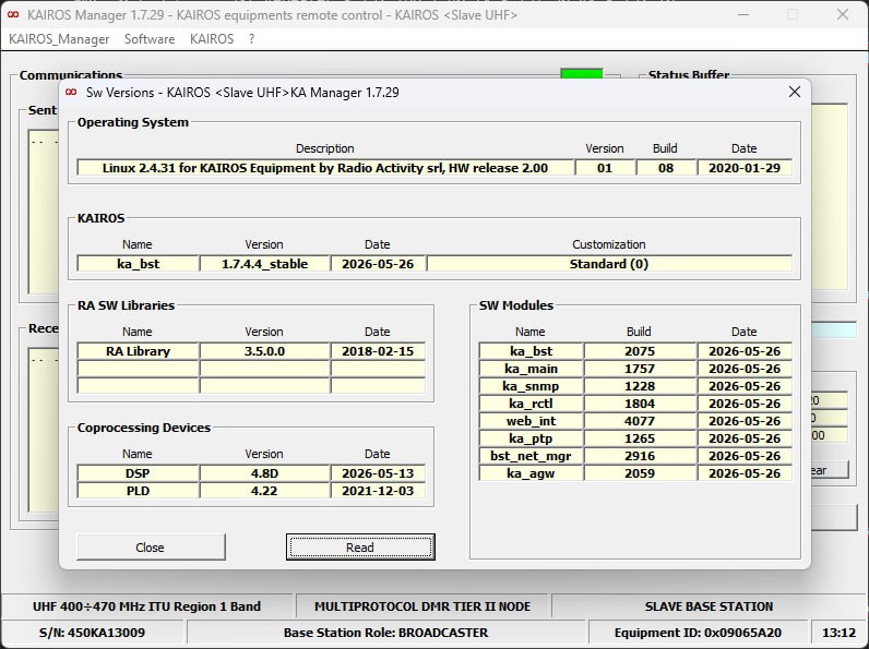 Kairos Manager showing software version
