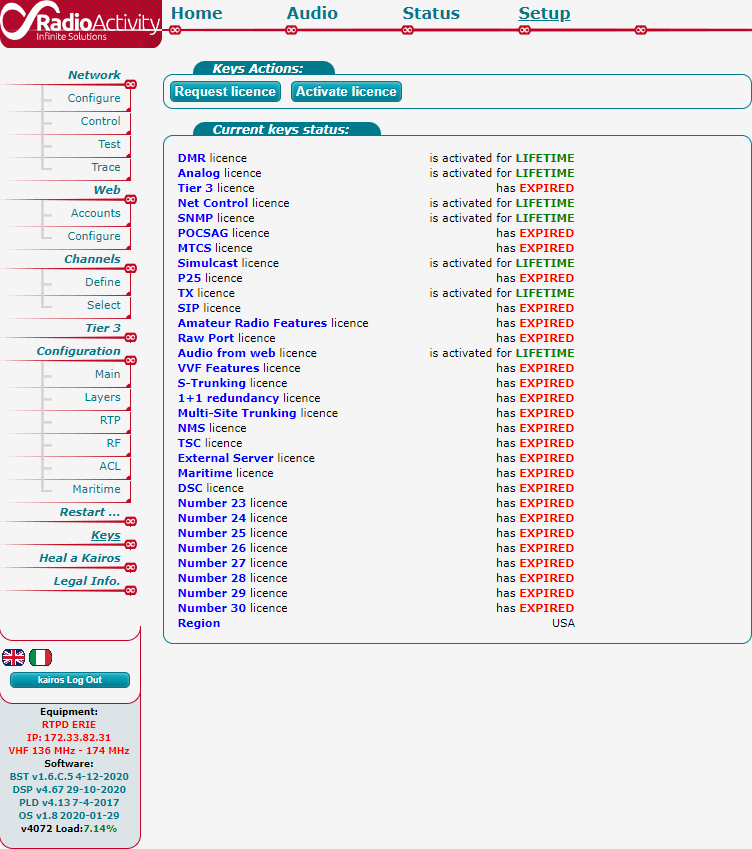 Kairos Web interface showing license information