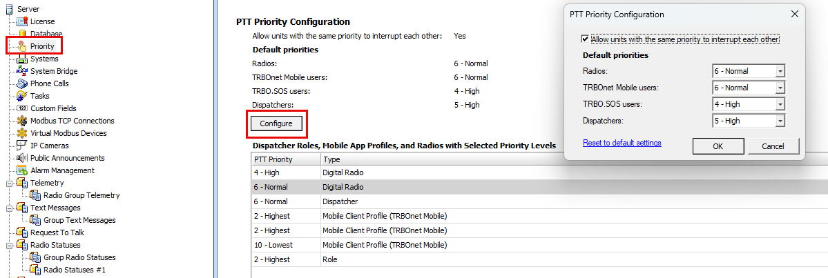 PTT Priority Configuration Interface